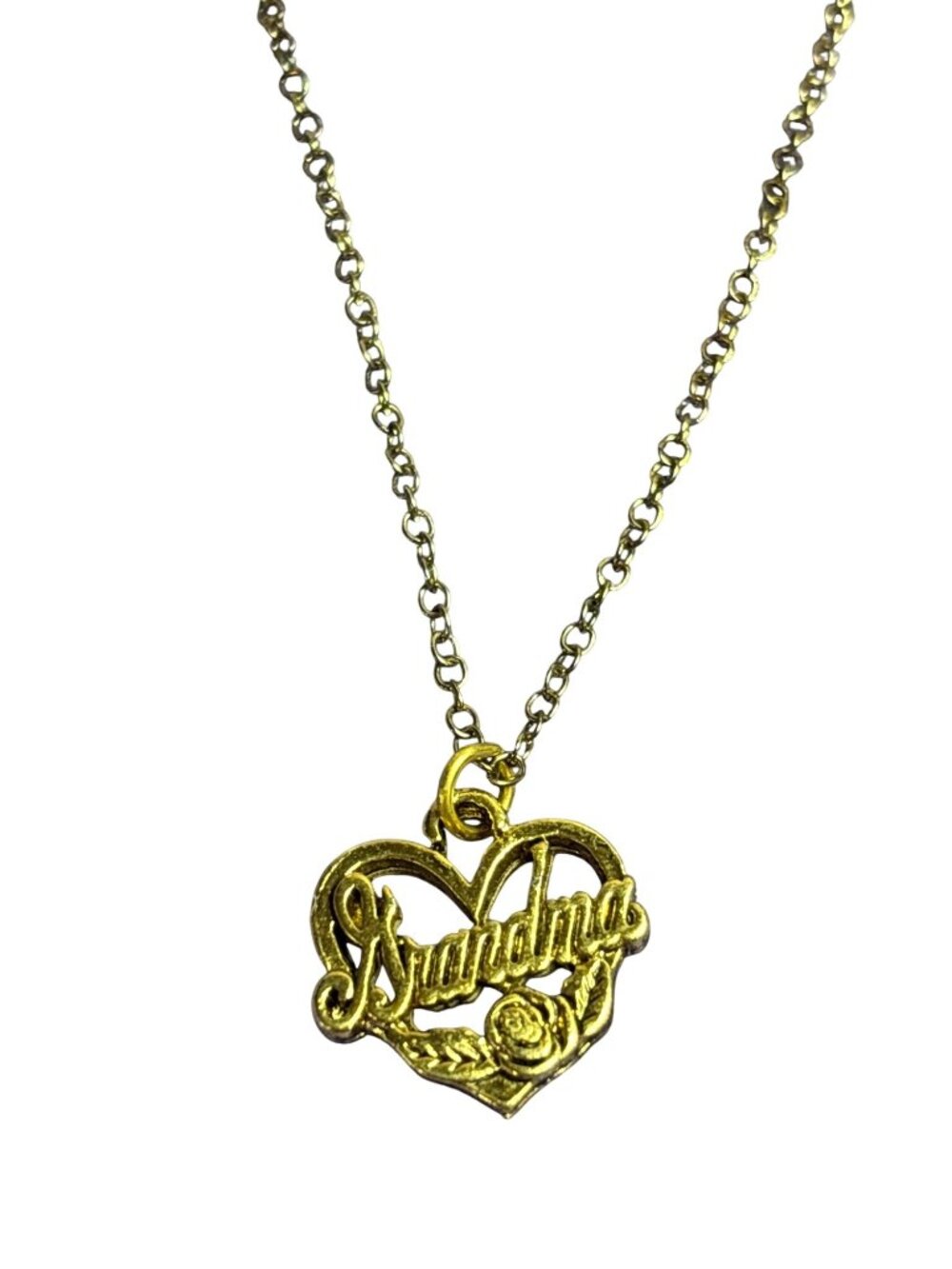 Vintage Goldtone Grandma Heart Pendant Necklace Rose 17 inches Long